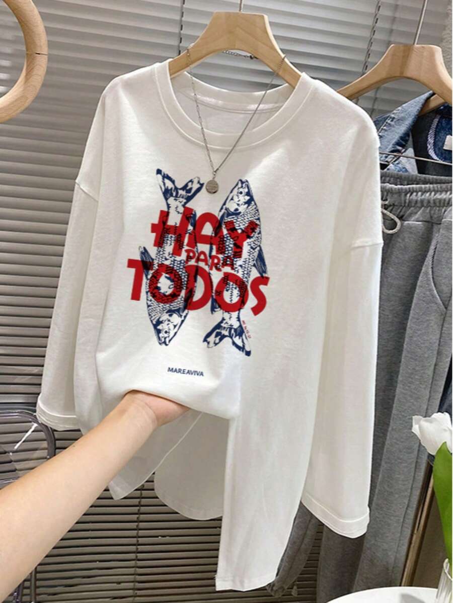 Personalized Fish Pattern & Western Slogan Print White Long Sleeve T-Shirt, Loose Fit, Flattering, Spring/Autumn Inner Layer, Base Layer - White - View 1