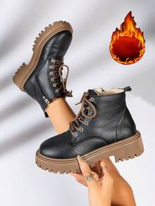 Women's New Fashion Versatile Round Toe Thick Sole Height-Increasing Boots - Black - View 16