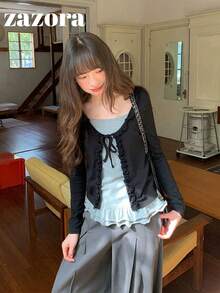 Women's Autumn 2 In 1 Patchwork Long Sleeve Base Layer Top With Frill Trim Cardigan Style - Black - View 6