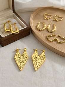 6 Pairs Gold Stainless Steel Earrings Set For Women, Heart Bee Geometric Hoop Statement Earrings, Vintage Boho Jewelry For Daily Wear Party Gift - Gold - View 5