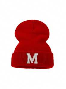 1pc Adult Women Red Bling Pearl Rhinestone Letter Beanie, Stylish Custom A‑Z Initial Cuffed Skull Hat, Elastic Fashionable Solid Color Winter Cap - Red - View 9