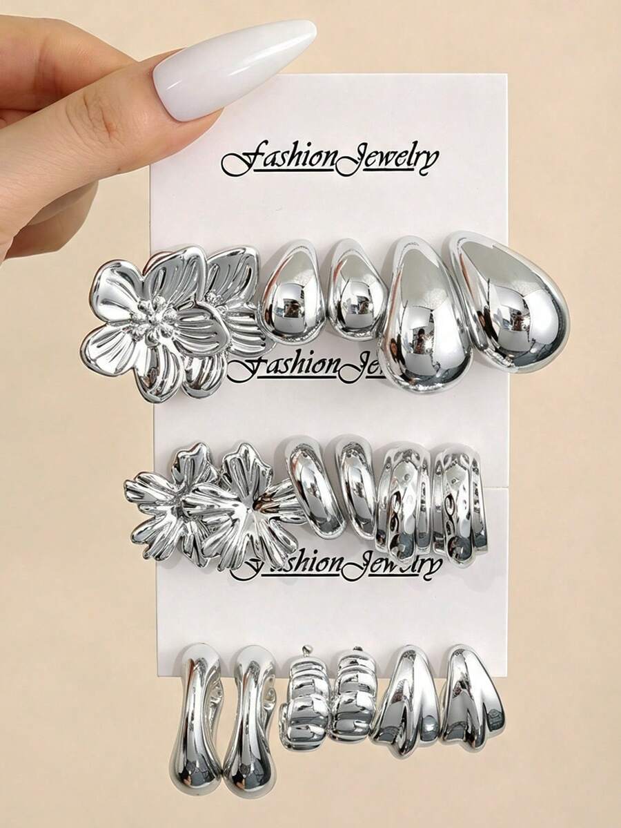 NAIZHU 3/9 Pairs Combination Kids European & American Fashion Metal Water Drop Flower Geometric Earrings Set, Suitable For Daily Wear And Party Accessories - Silver - View 1