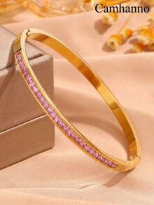 1 Pieza Moderno Brazalete De Acero Inoxidable Y Circonita Cúbica Adecuado Para Mujeres - Dorado - Ver 4