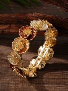 Cring Coco 1 pieza Brazalete de flor de estilo vintage esmaltado para mujer, accesorio elegante de brazalete floral chapado en oro, accesorio de nicho para uso diario, fiesta y regalos de vacaciones - flores - Ver 1