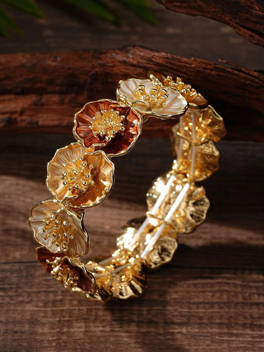 Cring Coco 1 pieza Brazalete de flor de estilo vintage esmaltado para mujer, accesorio elegante de brazalete floral chapado en oro, accesorio de nicho para uso diario, fiesta y regalos de vacaciones - flores - Ver 1