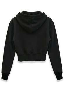 Personalized Customization - Women's Short Hooded Sweatshirt With Zipper - Front Pattern Customization LOG0/Christmas/Halloween/Workwear/School Uniform/Lucky Number/Skull Pattern - Family Pet Friend - Anything Can Be Customized/Hooded Zipper Sweatshirt - Black - View 4