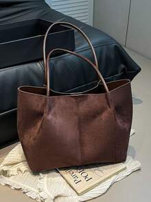 Large Tote Bag, Smooth Leather, Extended Hand Carry & Shoulder Strap, Vertical Seam Detail, Open Top Design, Soft & Casual Silhouette, Matte Frosted Texture, Large Capacity, Minimalist Style, No Extra Hardware, Gentle Feminine Aesthetic, Shoulder, Fits Books & Tablets, Commuting & Shopping - Coffee - View 7