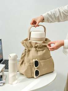 1pc Portable Insulated Lunch Box Bag, Drawstring Nylon Waterproof Lining With Thermal Layer, Large Capacity Handheld Bento Bag, Perfect For Work, School, Outdoor Picnic And Daily Use - Multicolor - View 4