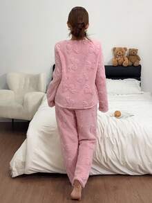 Dreamivo Girl Style Solid Color Plush Loungewear 2-Piece Set, All-Over 3D Bow Embossed Design Round Neck Long Sleeve Pajama Set, Elastic Waist Long Pants Non-Tight, Thickened Coral Fleece Fabric Suitable For Home And Outdoor Wear - Pink - View 2