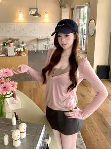 韓式純甜風 2 合 1 長袖女款上衣 T-shirt - 粉色 - 查看 7