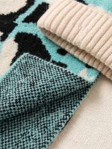 Children's Thick Warm Knitted 3-Piece Set, Colorblock Random Pattern Cute Cow Print Pom Pom Hat + Gloves + Scarf - Multicolor - View 3