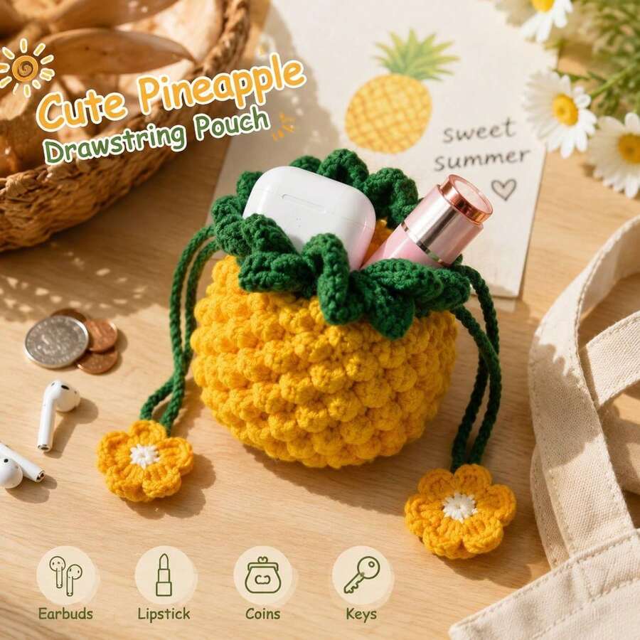 Handmade Crochet Pineapple Earbud Pouch, Cute Fruit Drawstring Bag For Wireless Earbuds & Small Items - Multicolor - View 1
