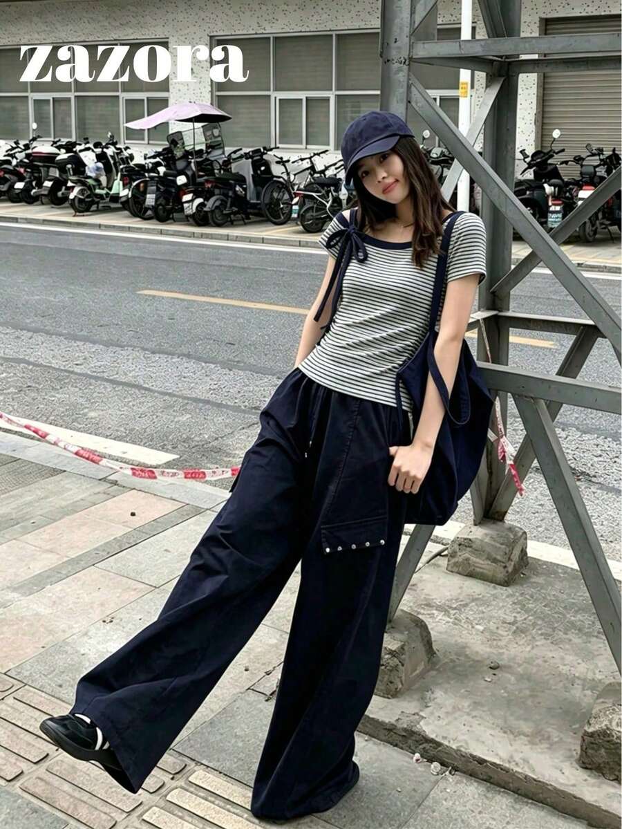 韓式條紋不對稱領口綁帶設計修身薄款短袖上衣 - 灰色條 - 查看 1