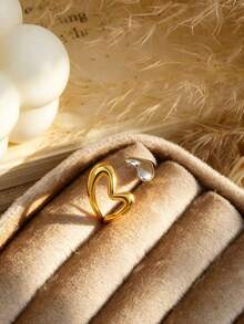 6pcs 18K Gold Plated Stainless Steel Ring Set, Heart Shape, Ins Style, Waterproof Jewelry, Elegant Rings, Stackable Rings, Gold Tone Jewelry Set, Exquisite Gift - Multicolor - View 5