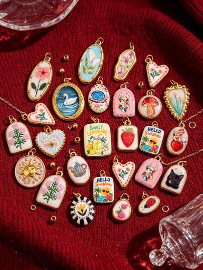 1pc Cute Vintage Enamel Charms, Summer Floral Animal Fruit Pendants, Gold‑Plated Stainless‑Steel DIY Earring Necklace Bracelet Craft Accessories