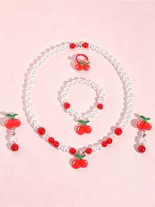 5pcs/Set Sweet Red Strawberry Pendant Faux Pearl Beaded Children's Jewelry Necklace Bracelet Ring Ear Clips Set For Daily Wear - one-size - View 7