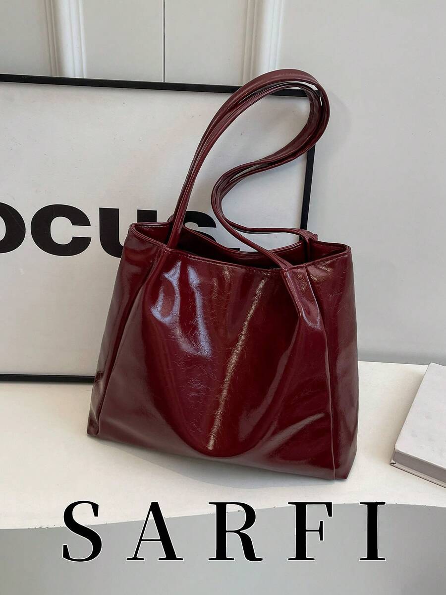 Minimalist Solid Color Glossy Women's Handbag, Modern Commuter Style Shoulder Bag, Large Capacity Bag Suitable For Shopping And Commuting