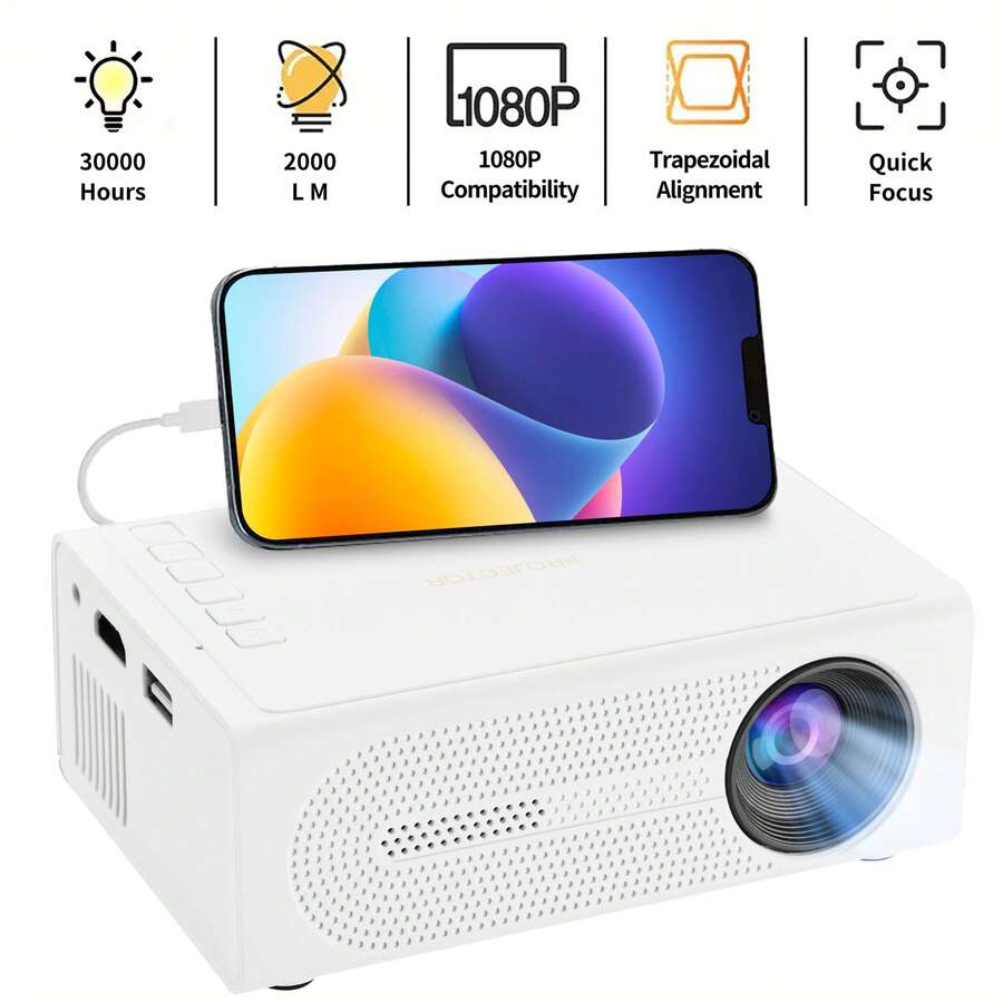 Portable Mini Projector With Wired Phone Mirroring, PD Cable Only, No Power Adapter Or Plug, Home Theater Video Projector For Smartphone, Laptop, TV Box, Movies, Presentations And Portable Entertainment - White - View 1