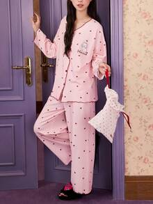 Gongdie 2pcs Disney Marie Women's Pajama Set, Autumn Pink Soft Cotton Loungewear With Red Trim And Pockets - Pink - View 3
