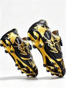 1 Pasang Sepatu Sepak Bola Motif Kamuflase Hitam & Emas, Paku Panjang, Anti Selip Cepat, Penutup Velcro, Mudah Dipakai/Dilepas, Ringan & Bernapas (Pola & Warna Kamuflase Asimetris pada Bagian Atas) - emas hitam - View 12
