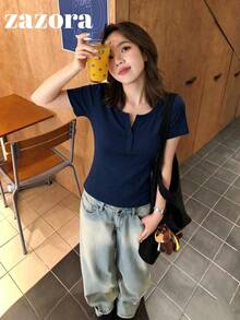 Navy Blue Thin Low Neck Short Sleeve T-Shirt Women Korean Style Fitted Cropped Top - Navy Blue - View 5