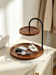 1pc 2‑Tier Walnut Wood Jewelry Tray, Black Metal Frame Round Desktop Organizer Tray, Decorative Vanity Display Holder For Keys Watch Rings Earrings, Entryway Nightstand Countertop Storage Decor - Multicolor - View 10