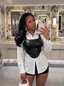 RNU Women's Casual Striped Shirt & PU Vest Contrast Color Design Versatile 2 Pieces Set, Autumn/Winter New Fashion Outfit - Black and White - View 4