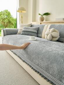 1pc Chenille Sofa Cushion, With Pom Pom Lace Trim Design, All-Season Anti-Slip Seat Pad, Machine Washable, Pet-Friendly Stain-Resistant, Sofa Protector Cover - Light Grey - View 5