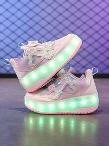 Unisex LED Rechargeable Light-Up Roller Shoes, Children's Multi-Functional Transformable Roller Skates With Detachable Wheels, Suitable For All Seasons, Outdoor And Sports - Pink - View 8