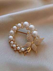 1pc Fashion European & American Alloy Round Rhinestone & Faux Pearl Women's Elegant Costume Brooch Pin - Gold - View 1