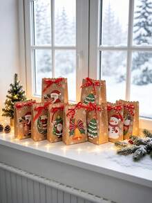 24pcs Christmas Kraft Paper Gift Boxes With Red Ribbon, Small Christmas Paper Gift Boxes, 6/8 Holiday Patterns Available (Santa Claus, Snowman, Gingerbread Man, Reindeer, Bell), Winter Party Favor Bags, Suitable For Classroom Gift Exchange Decoration, Holiday Gift Packaging Boxes - Kraft Paper Bag - View 9
