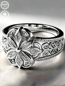 1pc S925 Sterling Silver Vintage Hollow Lotus Shaped Ring, Perfect For Daily Wear And Anniversary Gift, Comes With Gift Box - Silver - View 3