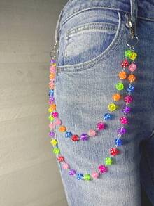 1pc Dice Waist Chain, Fashionable Single Layer Double Layer Acrylic Dice Pants Chain, Multi-Functional Body Chain Shiny Fashion Pants Chain, Handmade Rainbow Glass Beads Decorative Chain - Multicolor - View 1