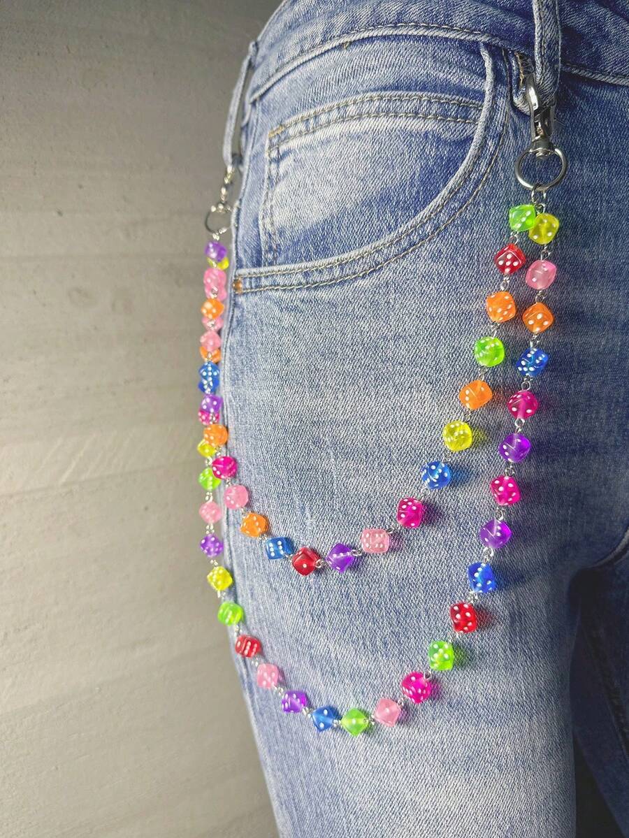 1pc Dice Waist Chain, Fashionable Single Layer Double Layer Acrylic Dice Pants Chain, Multi-Functional Body Chain Shiny Fashion Pants Chain, Handmade Rainbow Glass Beads Decorative Chain - Multicolor - View 1