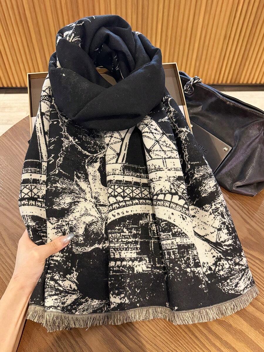 1件裝黑色艾菲爾鐵塔圖案圍巾,女款冬季保暖百搭披肩,雙用途冷氣房辦公室披肩,長款加厚護頸保暖巾 - 黑色 - 查看 1