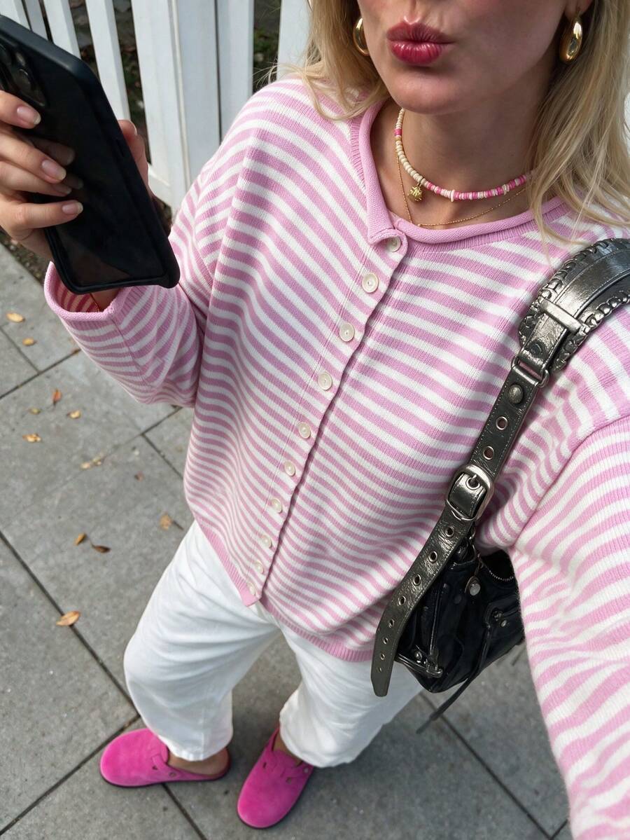 Plus Size Women's Thick Knit Cardigan Sweater, Striped Color Block Loose Casual, Small Round Neck Single-Breasted, Suitable For Autumn/Winter - Pink - View 1