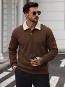 Men's Plush Turn-Down Collar Sweatshirt, Autumn/Winter Colorblock Polo Collar Button Casual Versatile Long Sleeve Top - Coffee Brown - View 1