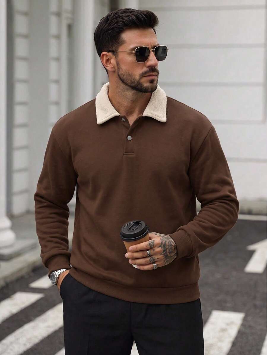 Men's Plush Turn-Down Collar Sweatshirt, Autumn/Winter Colorblock Polo Collar Button Casual Versatile Long Sleeve Top - Coffee Brown - View 1