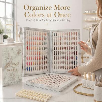Premium Luxury Marble Texture Embedded Nail Color Book 160 Colors/216 Colors Set With 840pcs Practice Nail Tips, Gel Polish Sample Display Storage Tool, Commercial Nail Salon Display Storage Supplies, Home DIY Nail Display Accessories