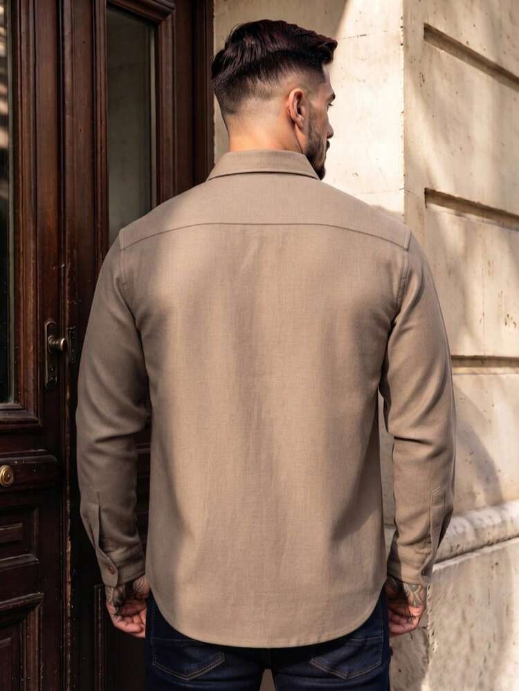 Lookun Spring/Autumn Men's Long Sleeve Button-Up Shacket, Casual Business Daily Commute Versatile Top - Brown - View 5