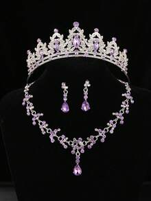 4pcs Elegant Rhinestone Queen Crown Necklace Set, Bridal Wedding Headpiece, Banquet Party Baroque Style Jewelry - Mauve Purple - View 4
