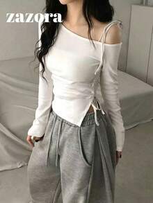 女款芭蕾風蝴蝶結露肩秋季上衣，極簡性感風，性感女孩抓皺修身收腰長袖上衣 - 白色 - 查看 7