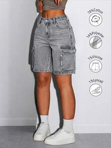 Vintage Street Style Women's Cargo Denim Shorts, Straight Leg, Flap Side Pockets, Non-Stretch, Summer Denim Shorts, Daily Wear, Vacation Outfit - Light Grey - View 1