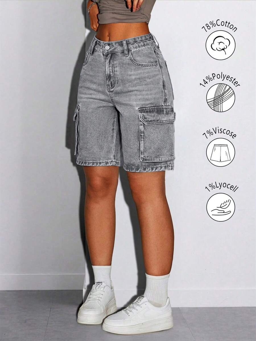 Vintage Street Style Women's Cargo Denim Shorts, Straight Leg, Flap Side Pockets, Non-Stretch, Summer Denim Shorts, Daily Wear, Vacation Outfit - Light Grey - View 1