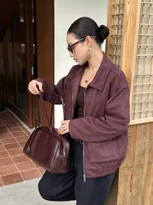 Women's Autumn Jacket, Vintage Suede Material, Vacation & Commute, Loose Collegiate Style, Casual Short Motorcycle Jacket - Burgundy - View 15