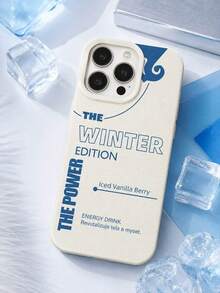 1pc Minimalist Text 15 14 13 12 11 Pro Max Phone Case, Cream White Textured Leather Base, Klein Blue "The Winter Edition The Power" Energy Drink Text Abstract Curve Pattern, Cream White Border Shockproof Phone Case - Beige - View 61