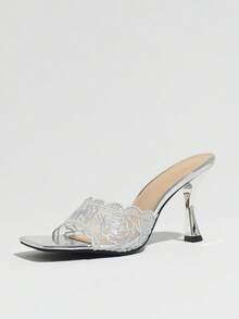 Jin Bei Qi Women's Silver Floral Lace Embroidered Mule High Heel Sandals, Square Toe Open Toe Kitten Heel Wedding Party Outdoor Wear High Heel Slippers, Glamorous Party High Heels, Bridal Bridesmaid Shoes 9cm - Silver - View 7