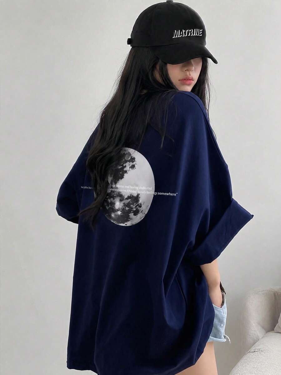 日系女式宽松休闲百搭印花短袖T恤 夏季 - 藏蓝色 - 查看 1