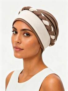 Gorro turbante trenzado para mujer, envoltura de cabeza elástica de bloques de color, gorro de punto suave de moda para uso diario - color - Ver 20
