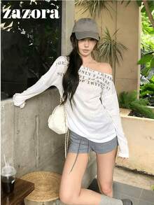 Áo thun dài tay chống nắng trong suốt cho nữ, màu trắng, cổ lệch, áo top bất đối xứng, phong cách gợi cảm - trắng - Xem 6